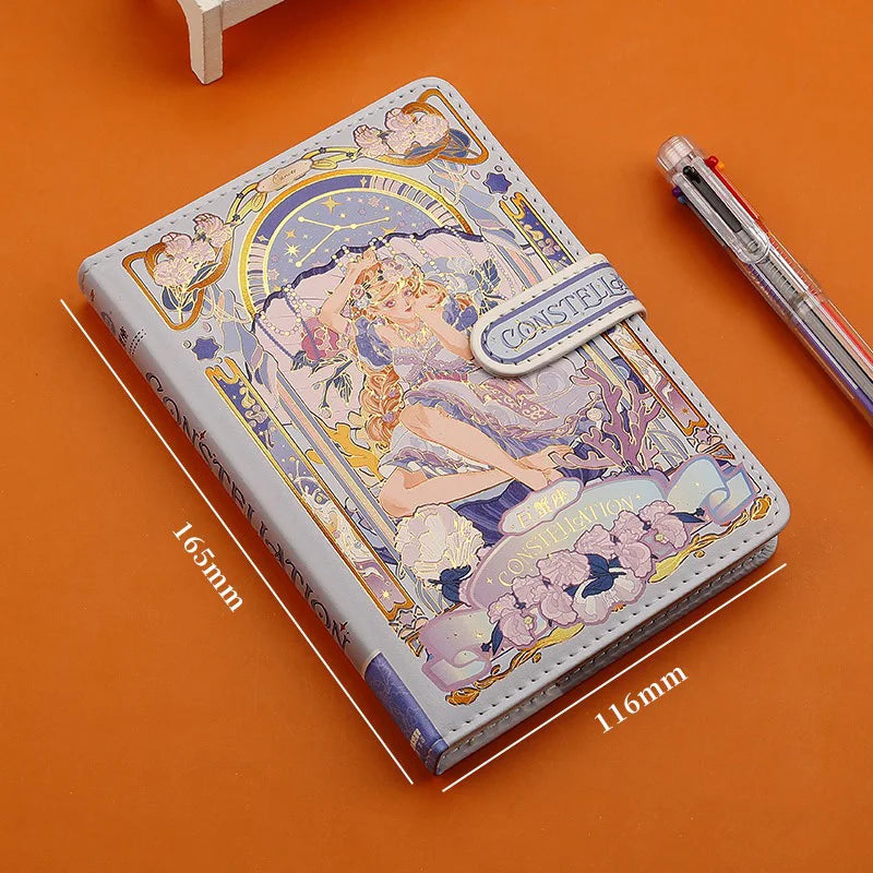 （12 Constellations Series）Pretty  Notebook Color Page Illustration Soft Leather Magnetic Buckle Student Diary Hardcover Notepad