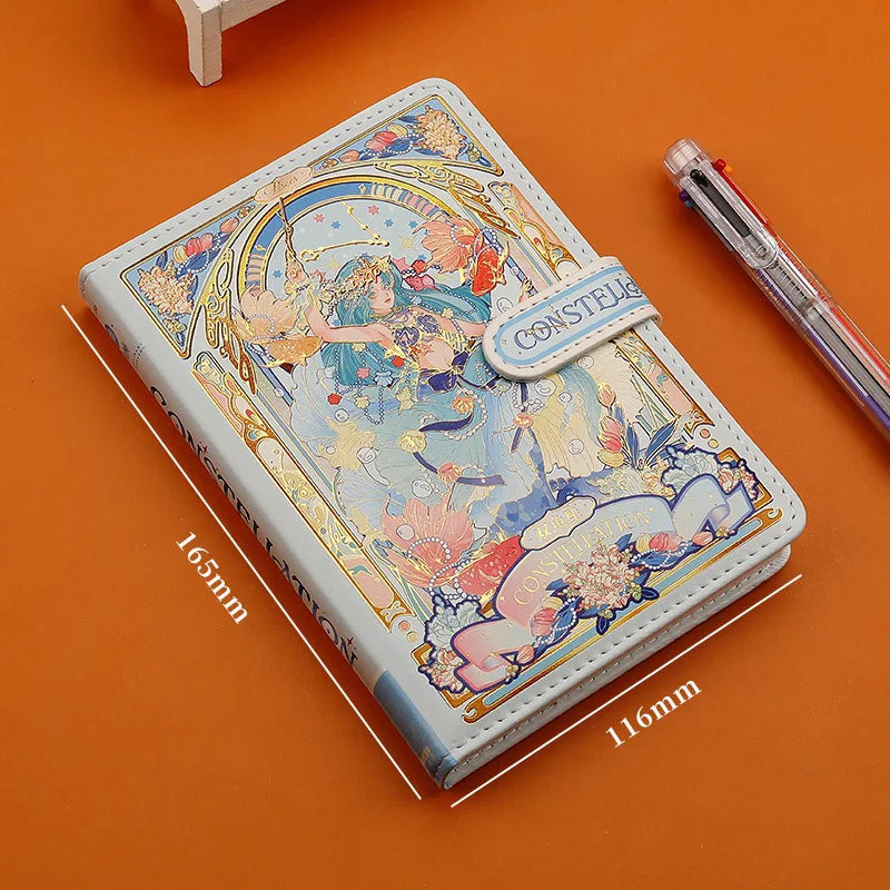 （12 Constellations Series）Pretty  Notebook Color Page Illustration Soft Leather Magnetic Buckle Student Diary Hardcover Notepad