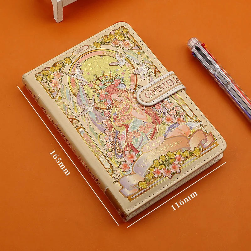 （12 Constellations Series）Pretty  Notebook Color Page Illustration Soft Leather Magnetic Buckle Student Diary Hardcover Notepad