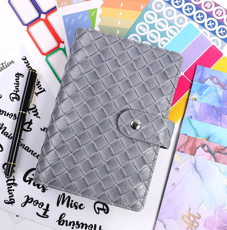 Macaron A6 PU  Braided Grain Leather Loose-Leaf Bookkeeping Notebook wholesale Creative Cash Budget Financial Planner