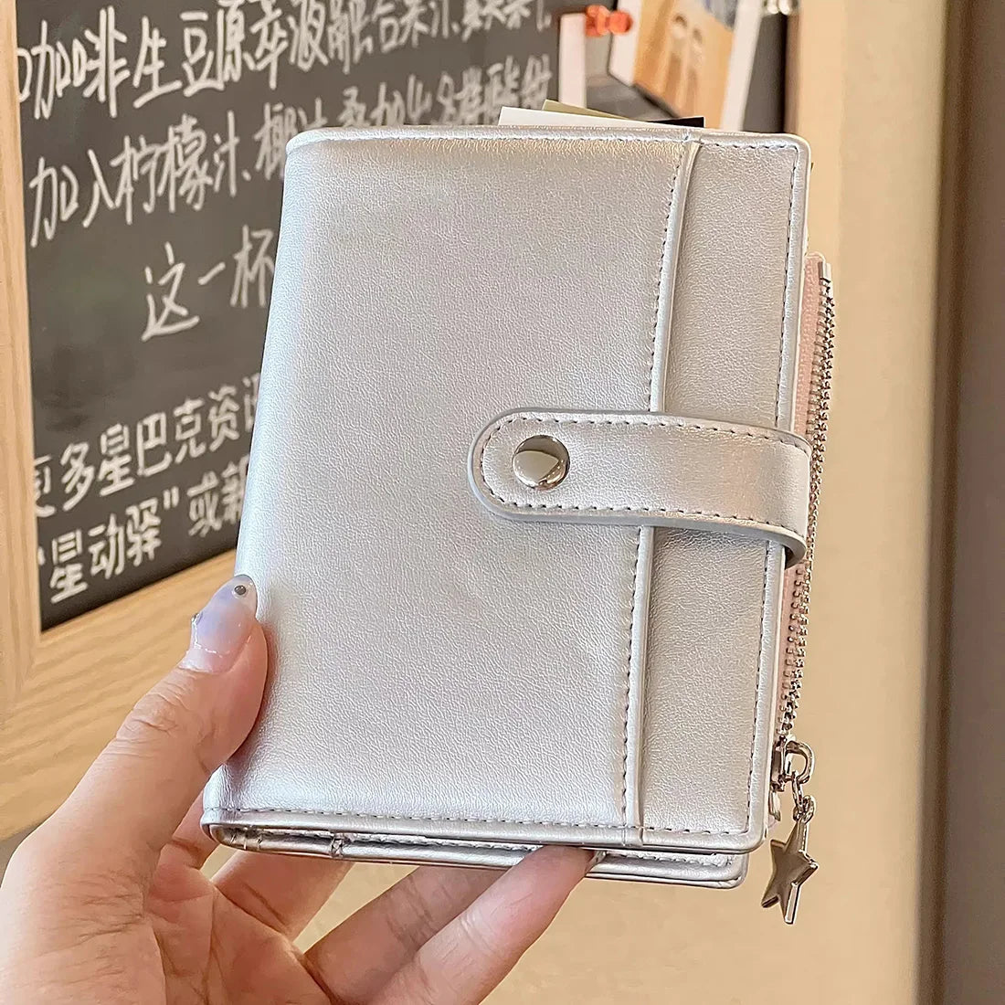 Silver Small Notebook Soft Leather Girls Portable Card Holder Student Binder M5 Notepad Simple Niche Desig