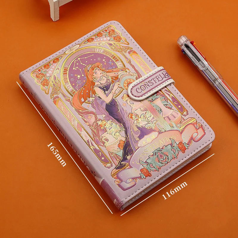 （12 Constellations Series）Pretty  Notebook Color Page Illustration Soft Leather Magnetic Buckle Student Diary Hardcover Notepad