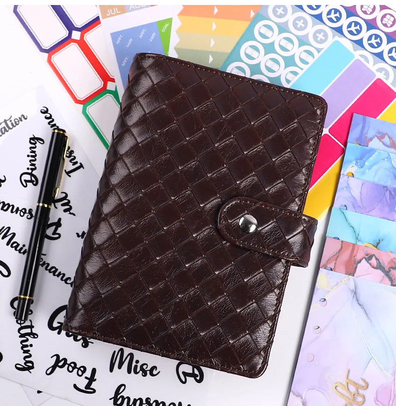 Macaron A6 PU  Braided Grain Leather Loose-Leaf Bookkeeping Notebook wholesale Creative Cash Budget Financial Planner