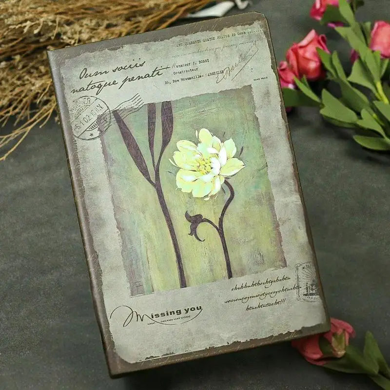 nostalgic retro hardcover notebook color inner page flower illustration diary student notepad