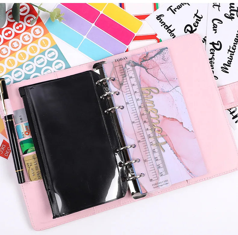 Macaron A6 PU  Braided Grain Leather Loose-Leaf Bookkeeping Notebook wholesale Creative Cash Budget Financial Planner