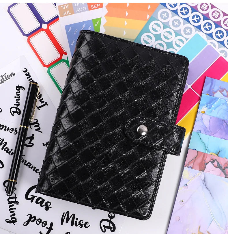 Macaron A6 PU  Braided Grain Leather Loose-Leaf Bookkeeping Notebook wholesale Creative Cash Budget Financial Planner