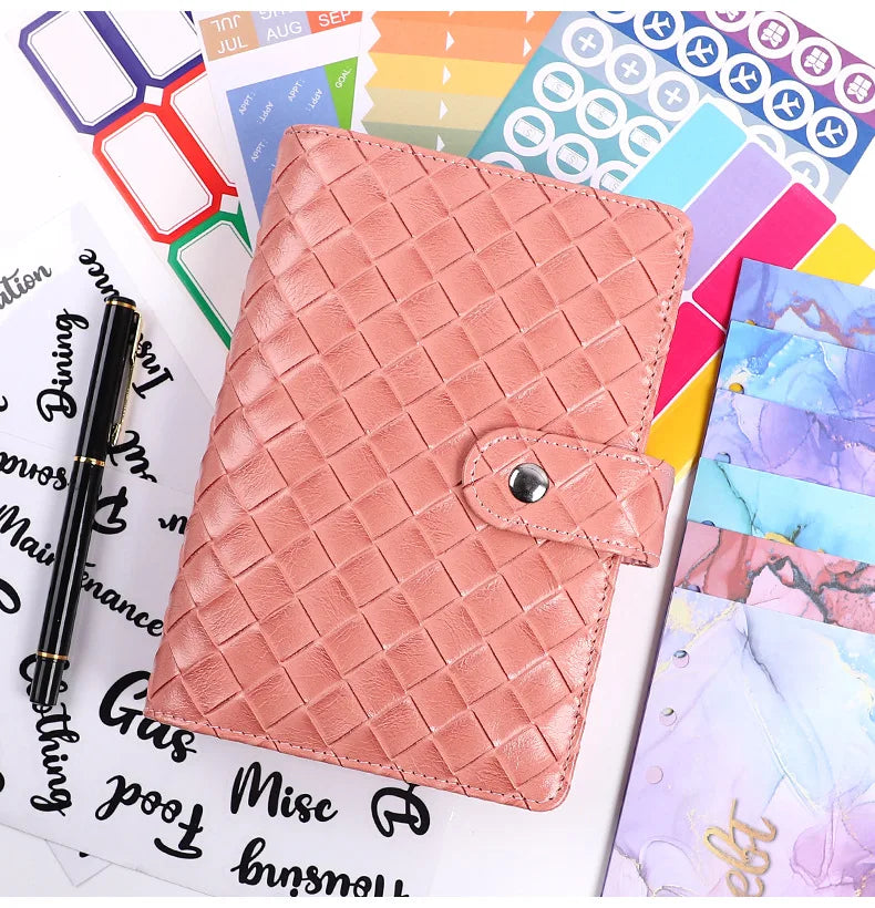 Macaron A6 PU  Braided Grain Leather Loose-Leaf Bookkeeping Notebook wholesale Creative Cash Budget Financial Planner