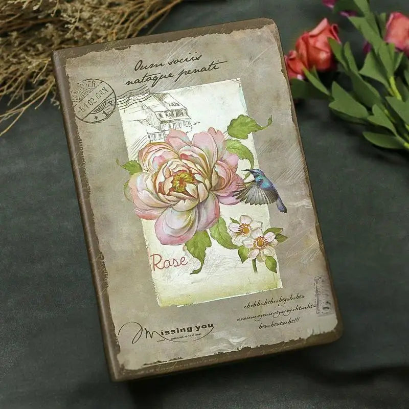 nostalgic retro hardcover notebook color inner page flower illustration diary student notepad